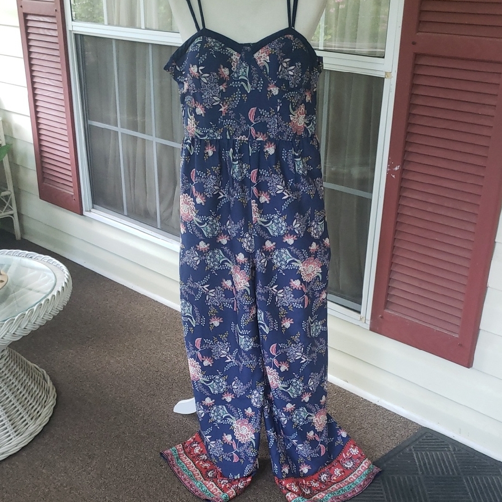 BAND OF GYPSIES Floral Navy WIDE LEG Ruched Bohemian Jumpsuit